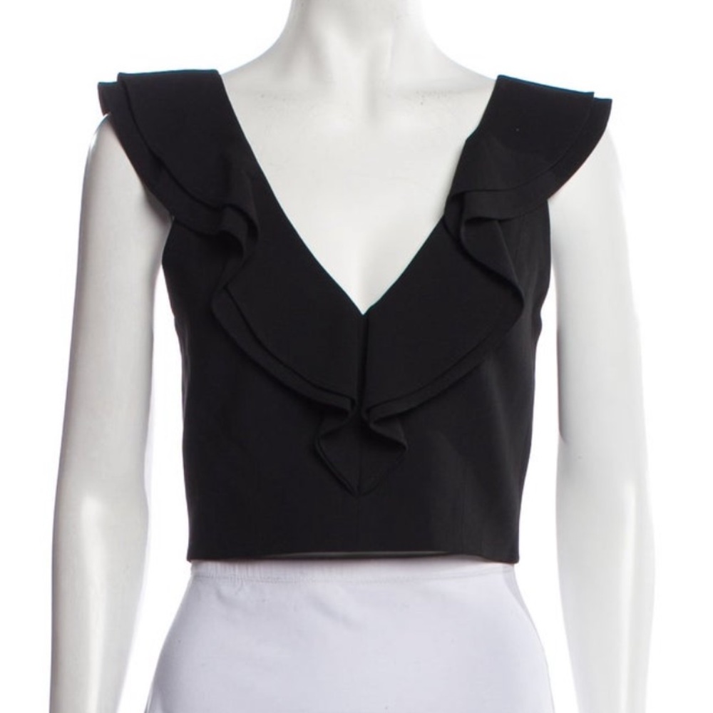 Alice + Olivia Black Ruffle V-Neck Crop Tank